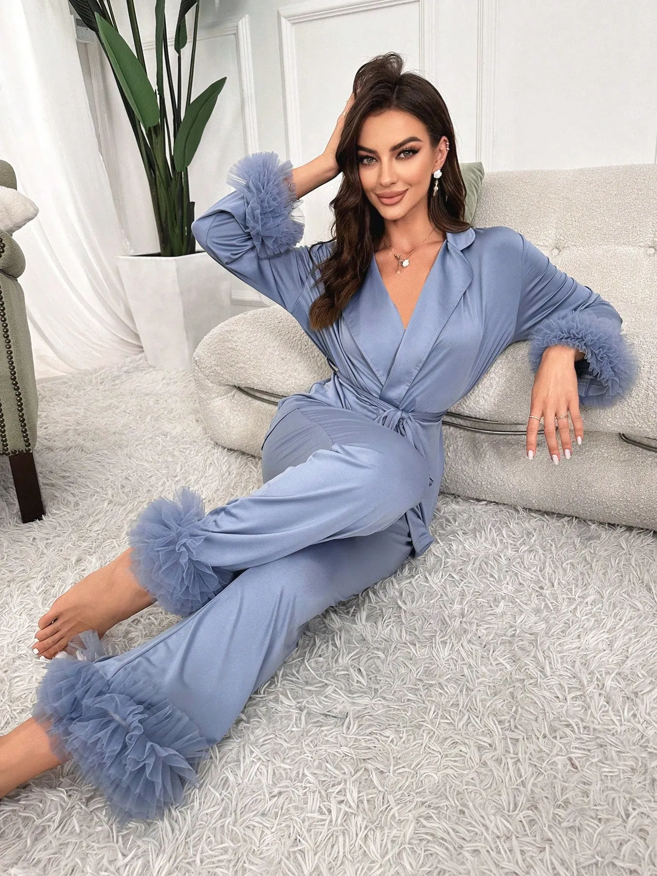 Ladies' Mesh Splice Satin Pajama Set
