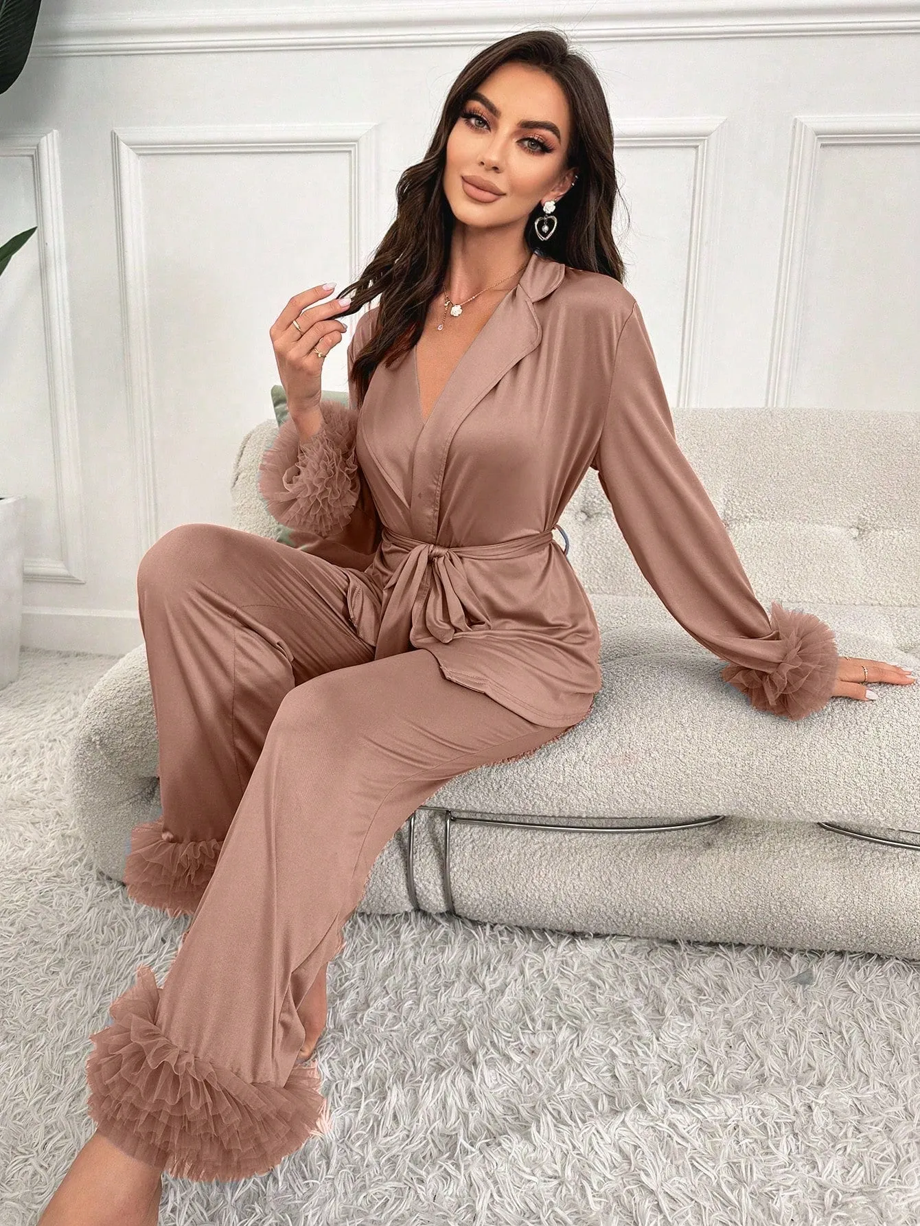 Ladies' Mesh Splice Satin Pajama Set