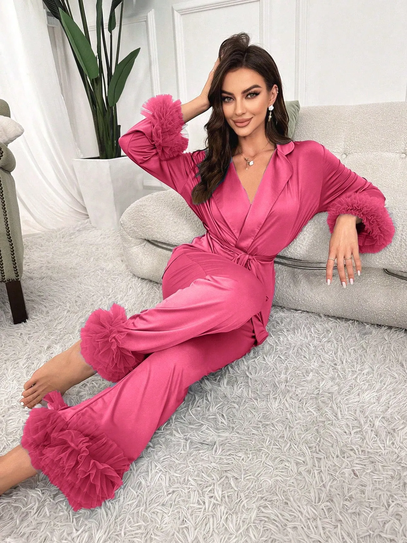 Ladies' Mesh Splice Satin Pajama Set