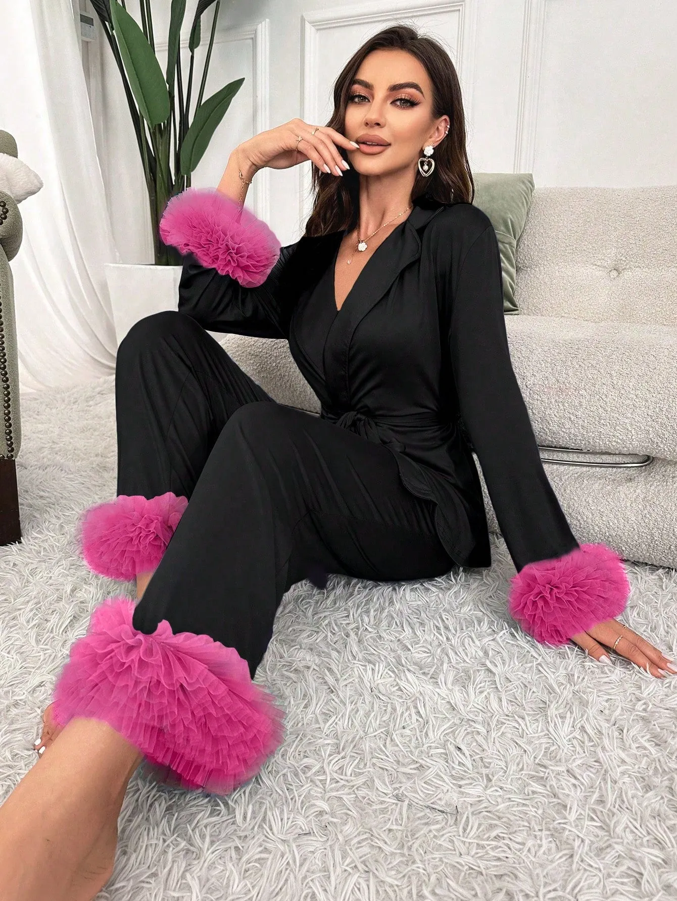 Ladies' Mesh Splice Satin Pajama Set