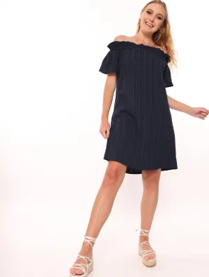 Ladies Mushroom Pleat Bardot Shift Dress - Navy