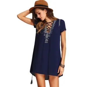 Ladies Royal Blue Lace Up Print Front Shift Dresses Womens Summer Short Sleeve Vintage Tassel Straight Dress
