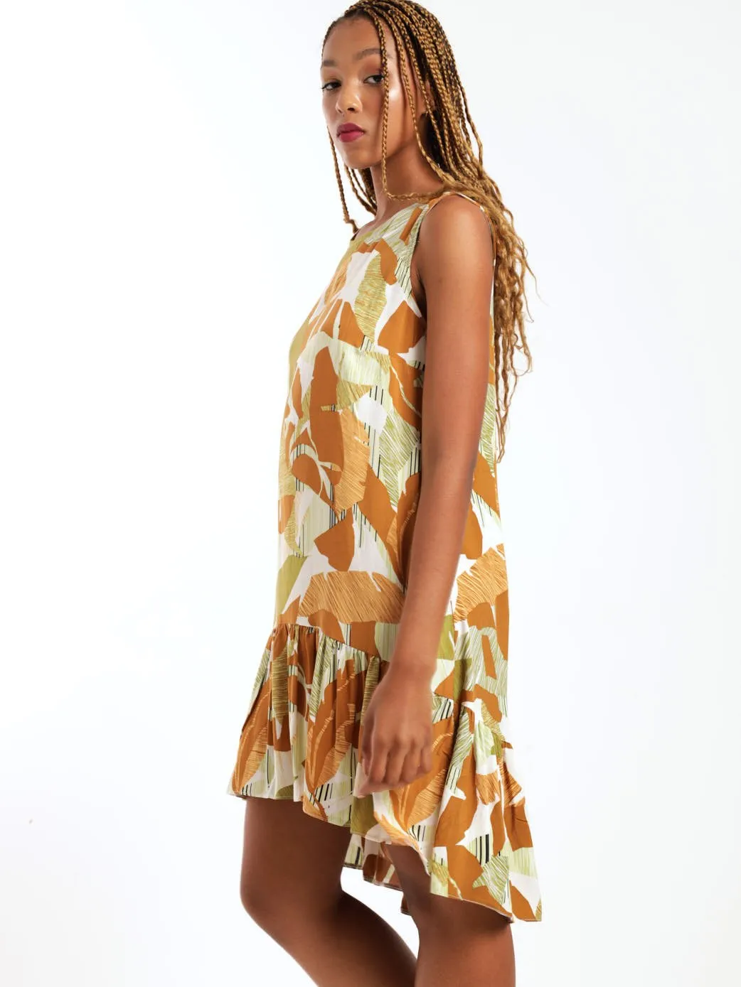 Ladies Sleeveless Tier Hem Shift Dress - Brown