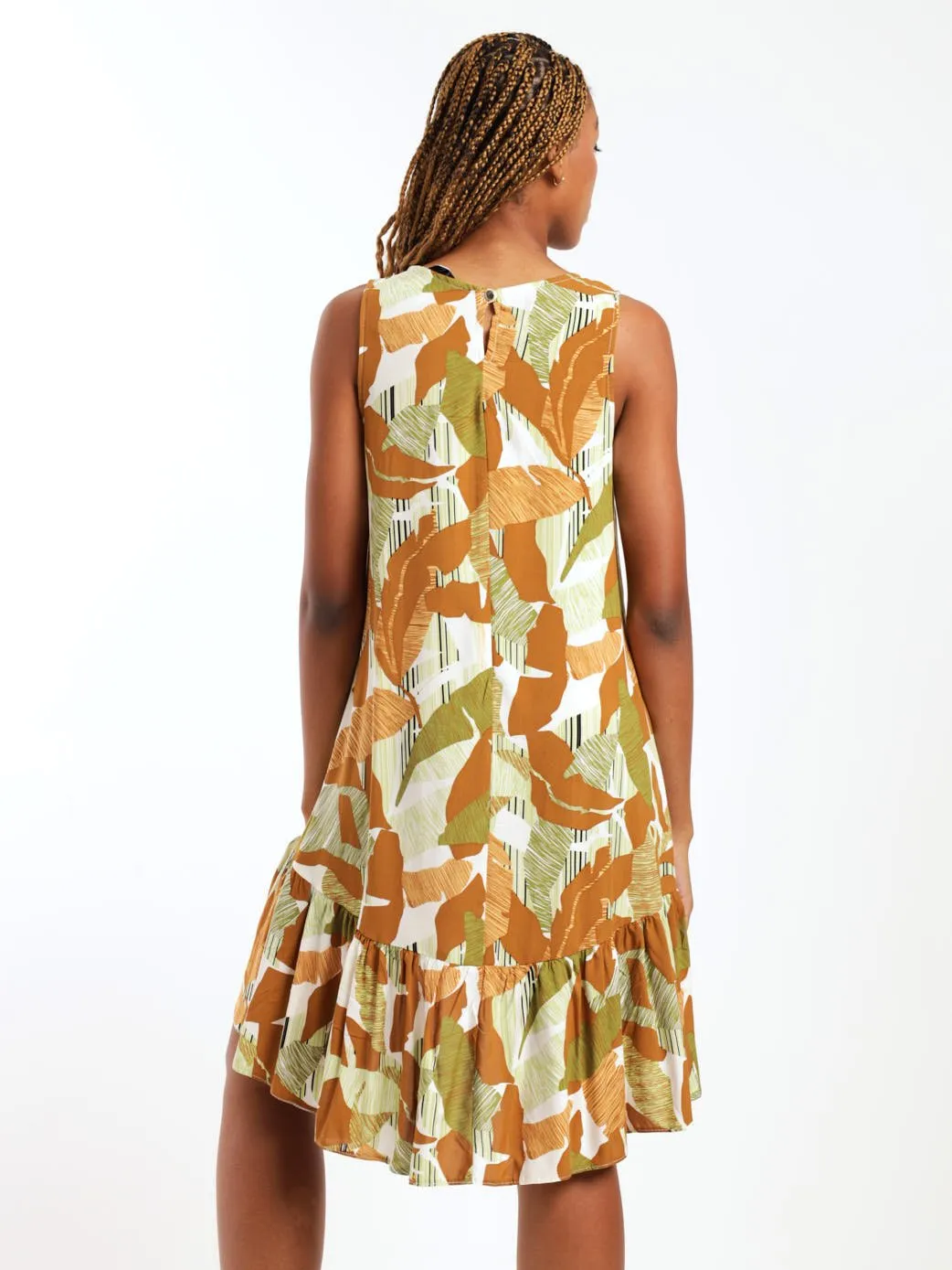 Ladies Sleeveless Tier Hem Shift Dress - Brown
