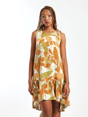 Ladies Sleeveless Tier Hem Shift Dress - Brown