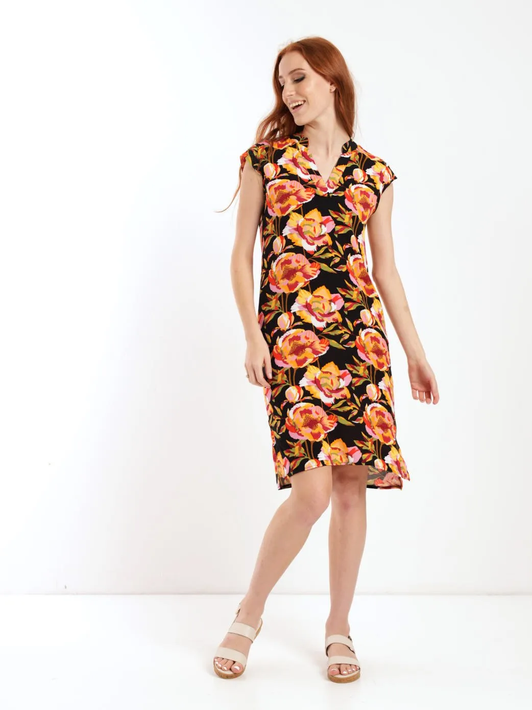 Ladies Sleeveless Woven Mandiran Colour Shift Dress - Black/Red