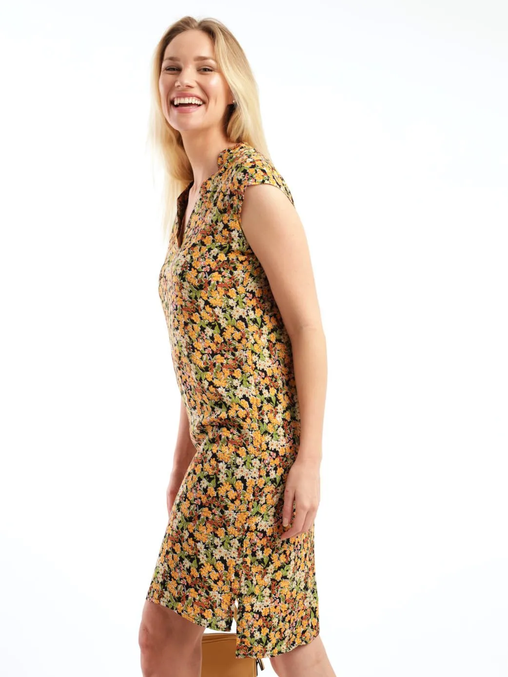 Ladies Sleeveless Woven Mandiran Colour Shift Dress - Floral