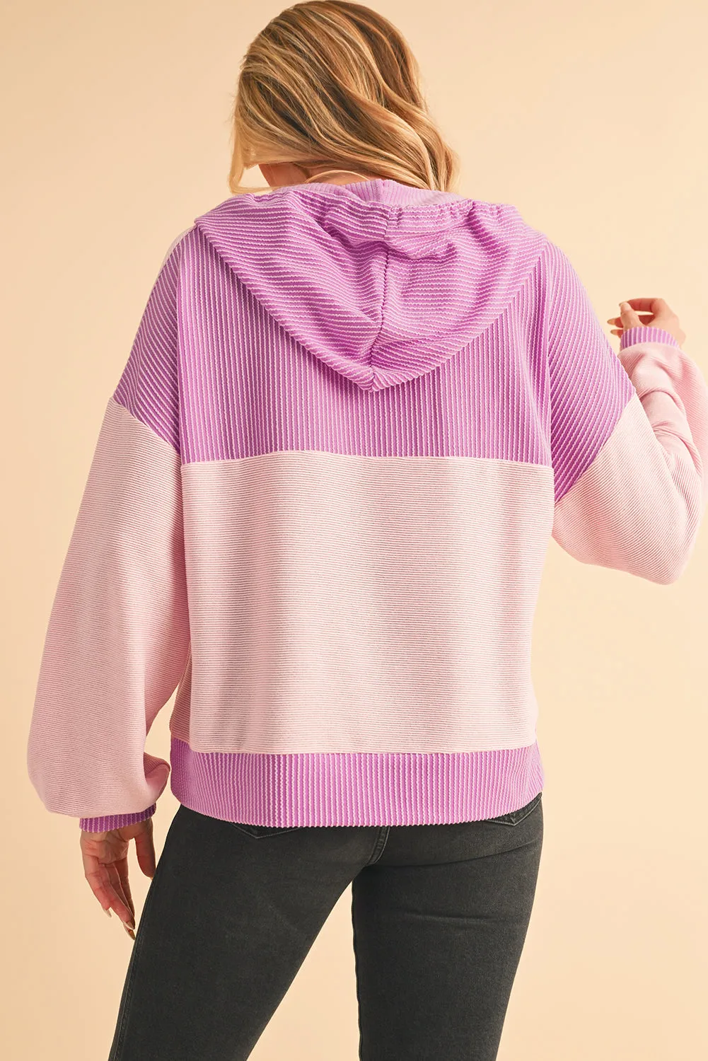 Light Pink Corded Patch Pocket Drawstring Henley Long Sleeve Tops