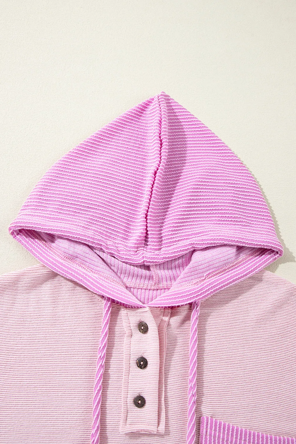 Light Pink Corded Patch Pocket Drawstring Henley Long Sleeve Tops