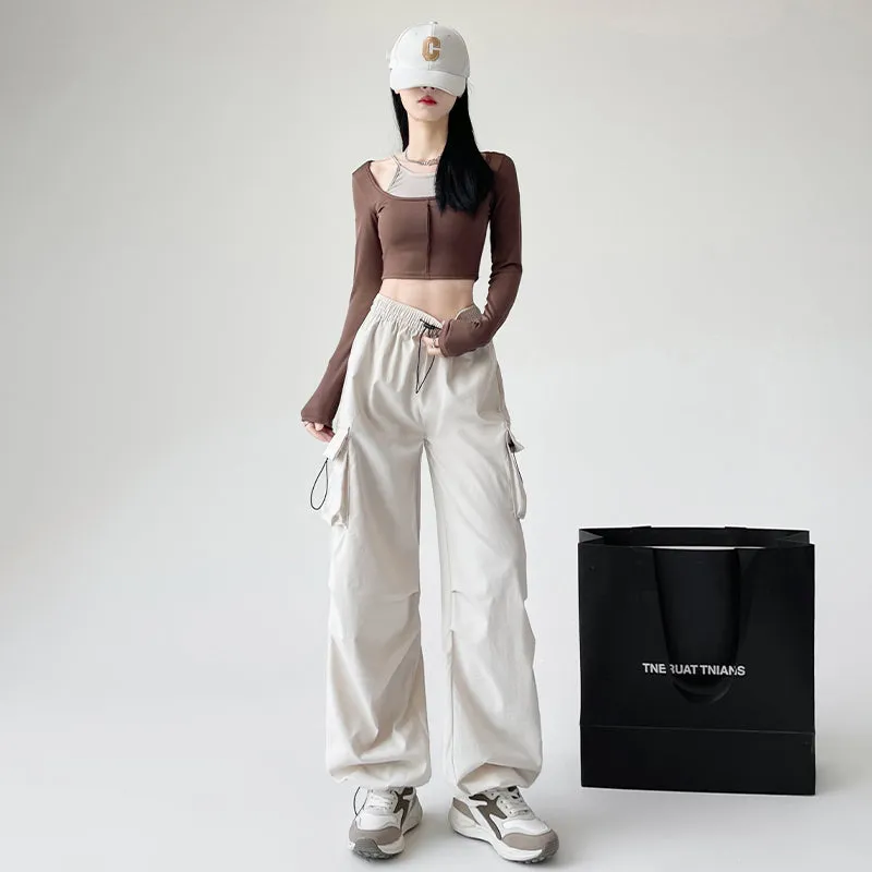 Lightweight and Solid Drawstring Waist Cargo Pants for Women