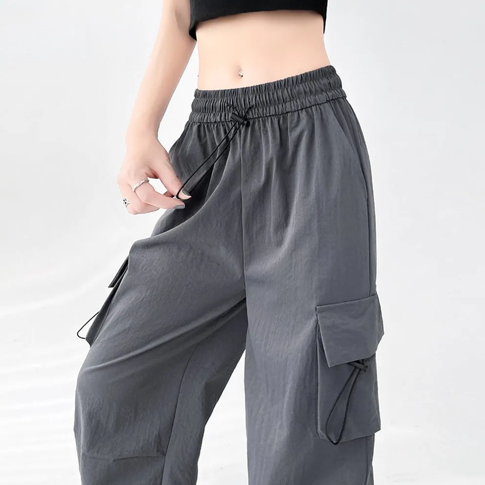 Lightweight and Solid Drawstring Waist Cargo Pants for Women