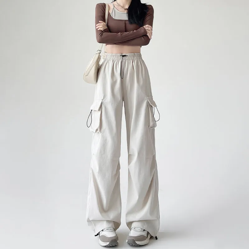 Lightweight and Solid Drawstring Waist Cargo Pants for Women