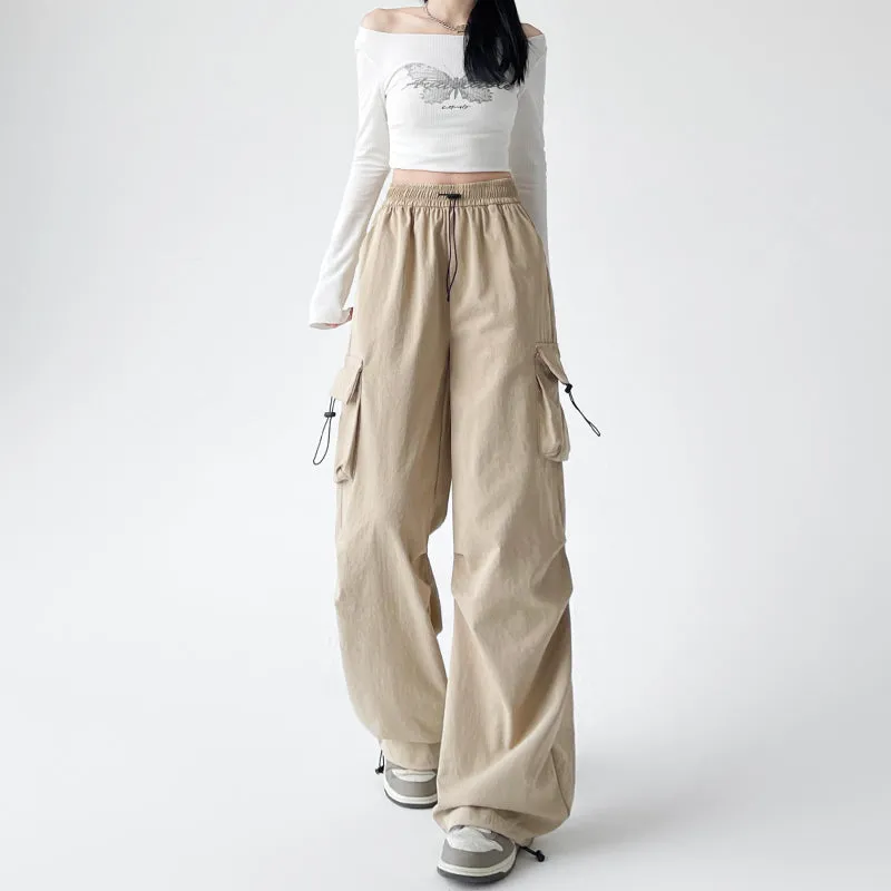 Lightweight and Solid Drawstring Waist Cargo Pants for Women