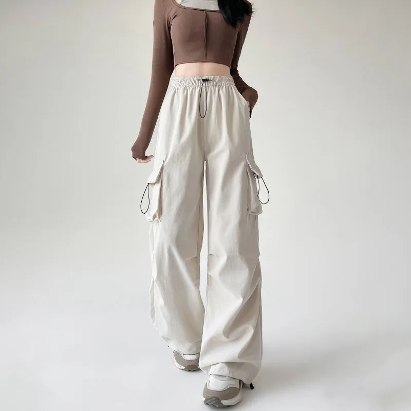 Lightweight and Solid Drawstring Waist Cargo Pants for Women