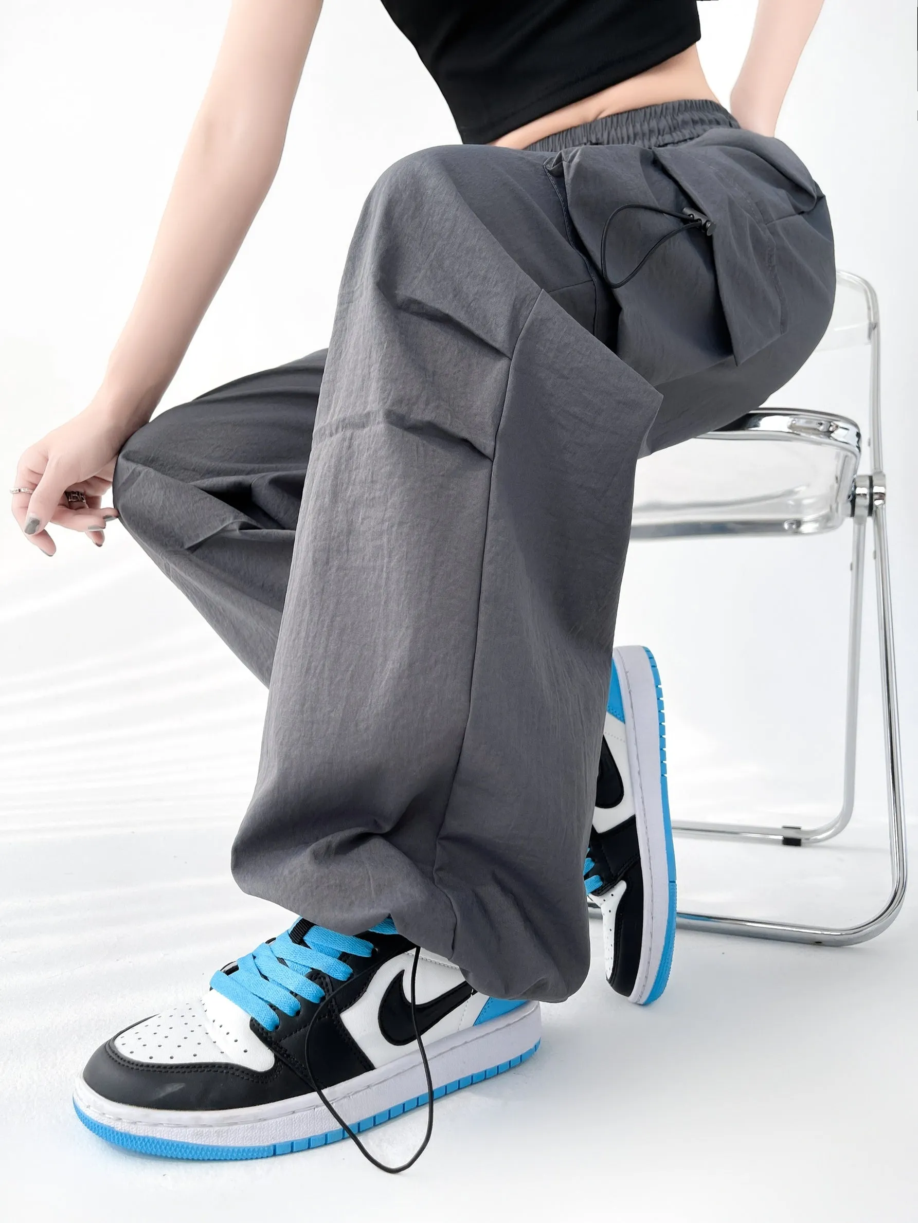 Lightweight and Solid Drawstring Waist Cargo Pants for Women