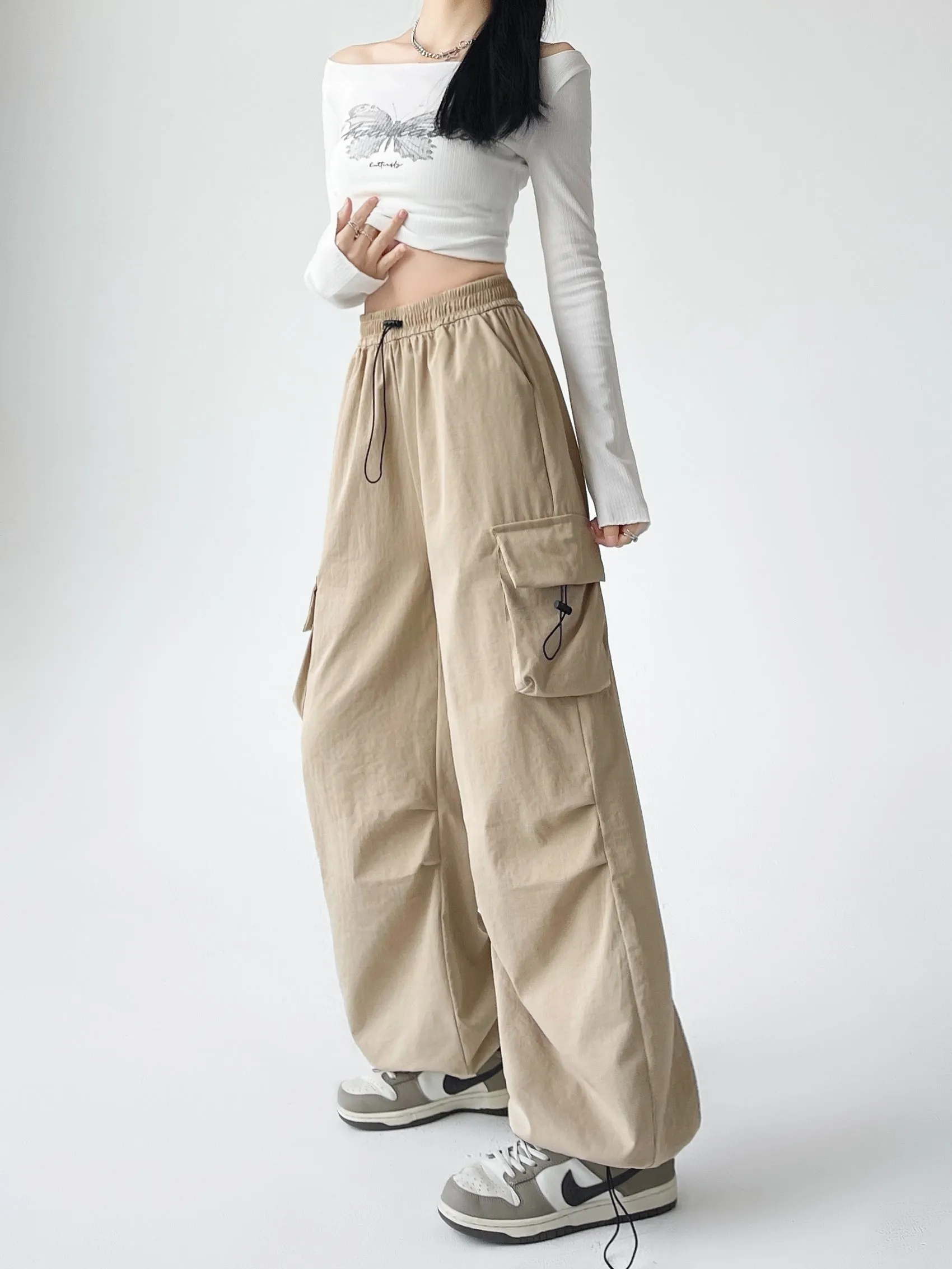 Lightweight and Solid Drawstring Waist Cargo Pants for Women