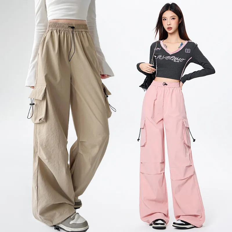 Lightweight and Solid Drawstring Waist Cargo Pants for Women