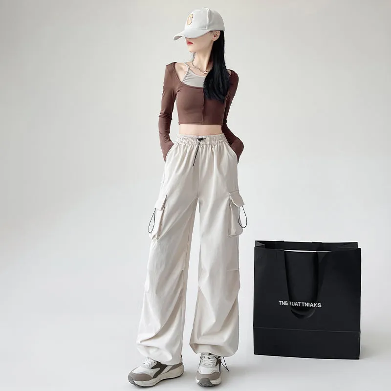 Lightweight and Solid Drawstring Waist Cargo Pants for Women