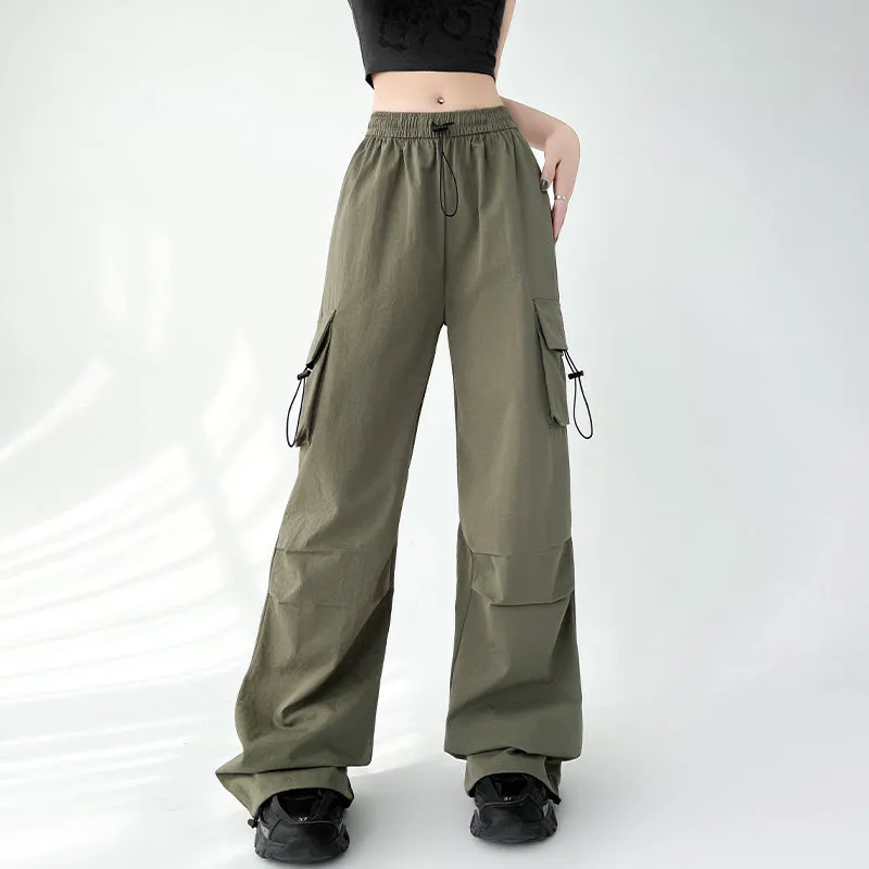 Lightweight and Solid Drawstring Waist Cargo Pants for Women