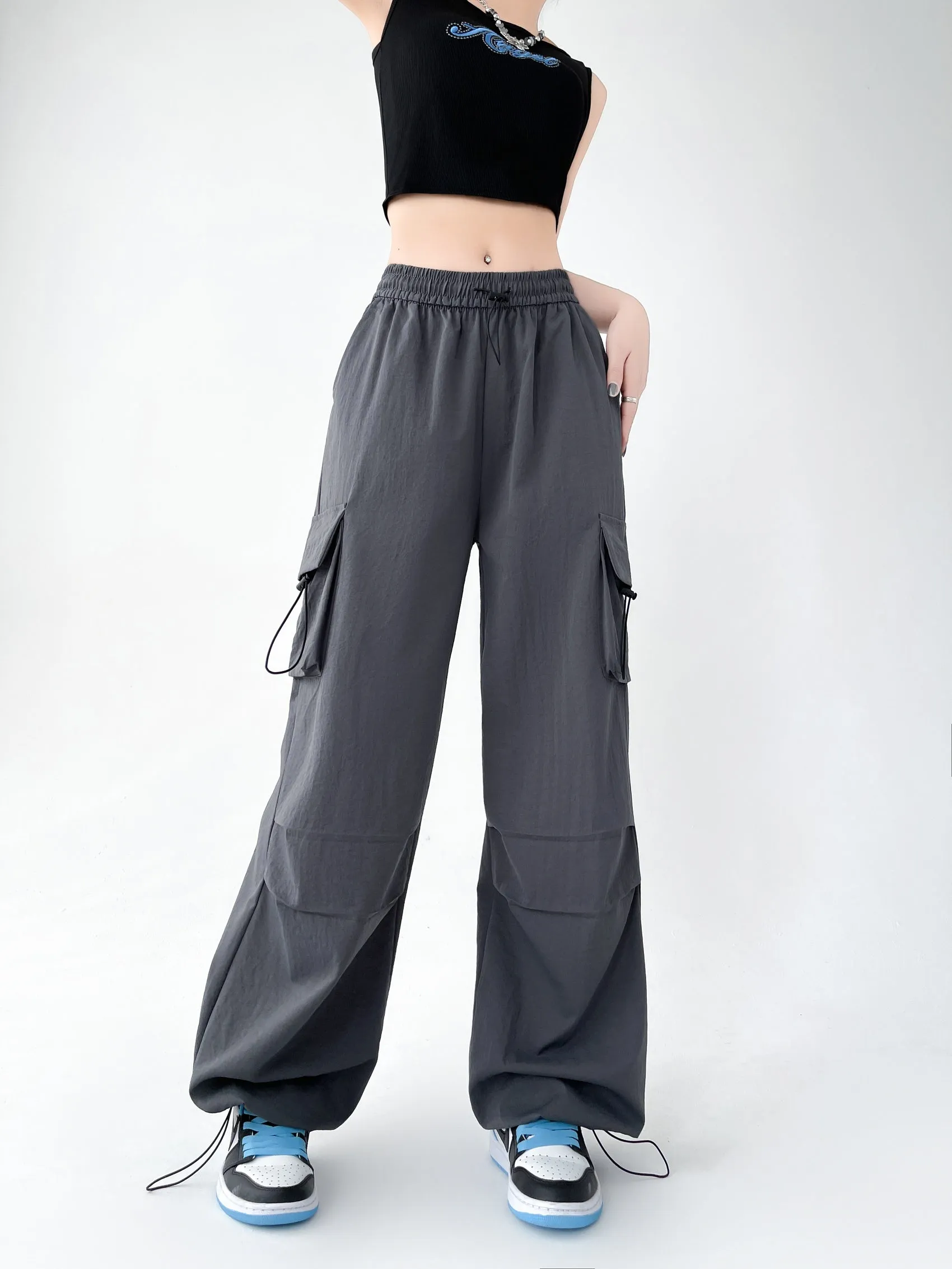 Lightweight and Solid Drawstring Waist Cargo Pants for Women