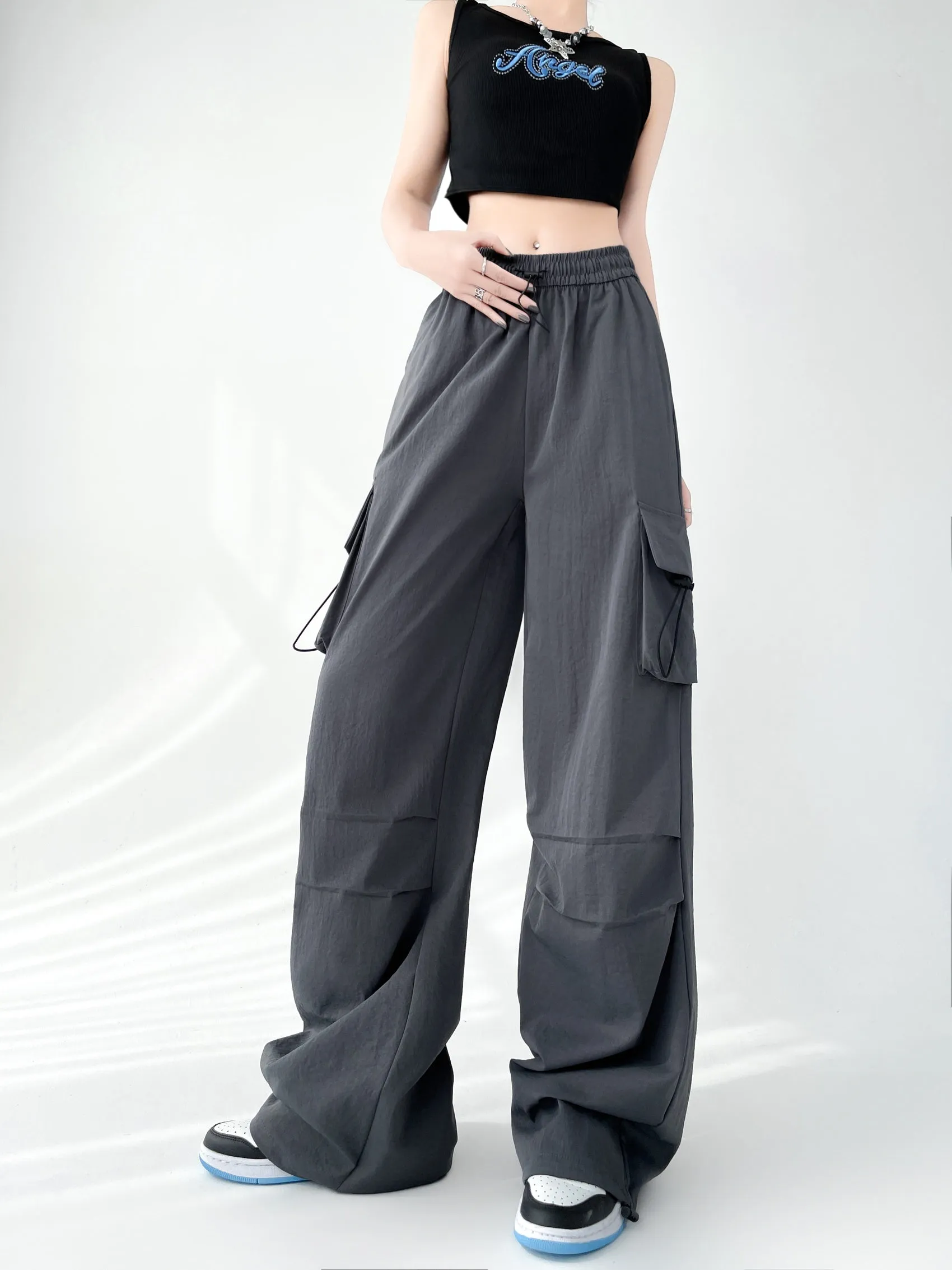 Lightweight and Solid Drawstring Waist Cargo Pants for Women