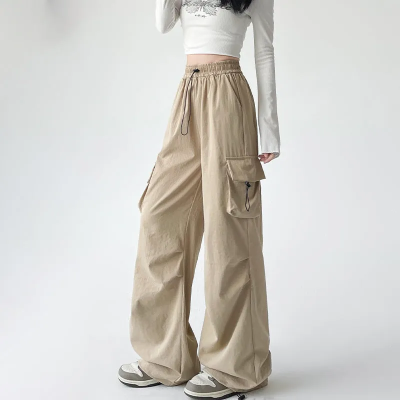 Lightweight and Solid Drawstring Waist Cargo Pants for Women