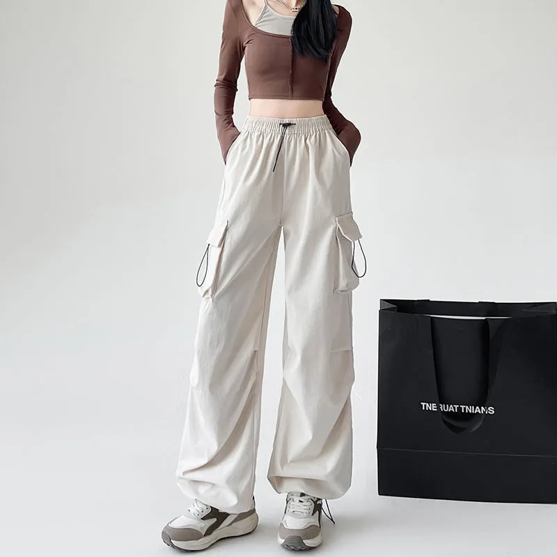 Lightweight and Solid Drawstring Waist Cargo Pants for Women