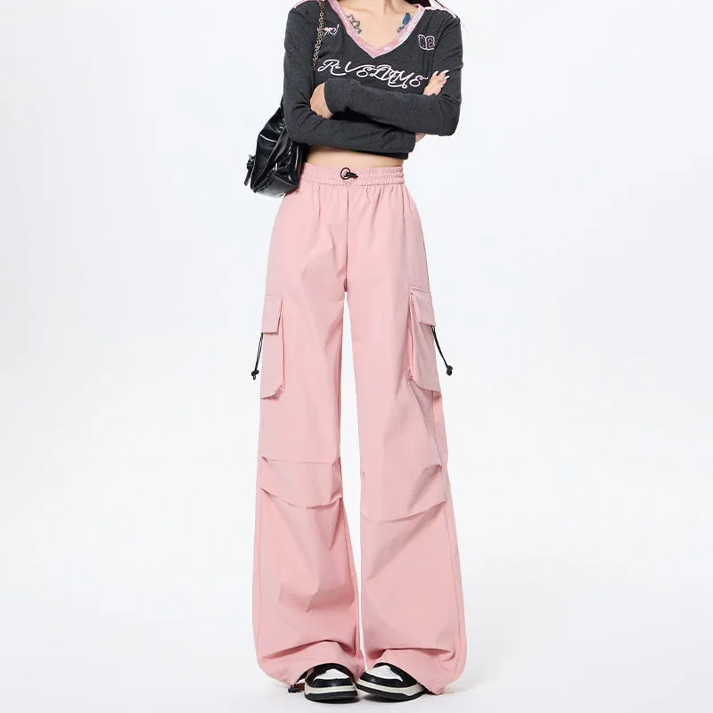 Lightweight and Solid Drawstring Waist Cargo Pants for Women