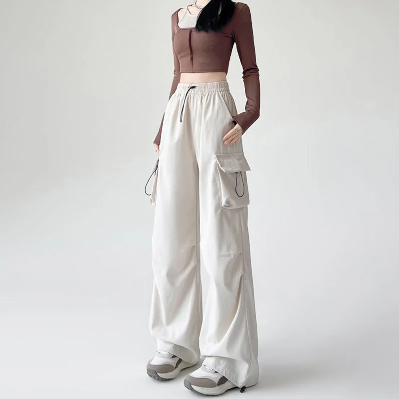 Lightweight and Solid Drawstring Waist Cargo Pants for Women