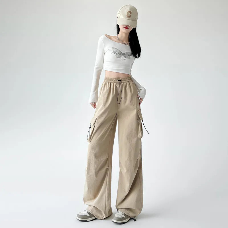 Lightweight and Solid Drawstring Waist Cargo Pants for Women