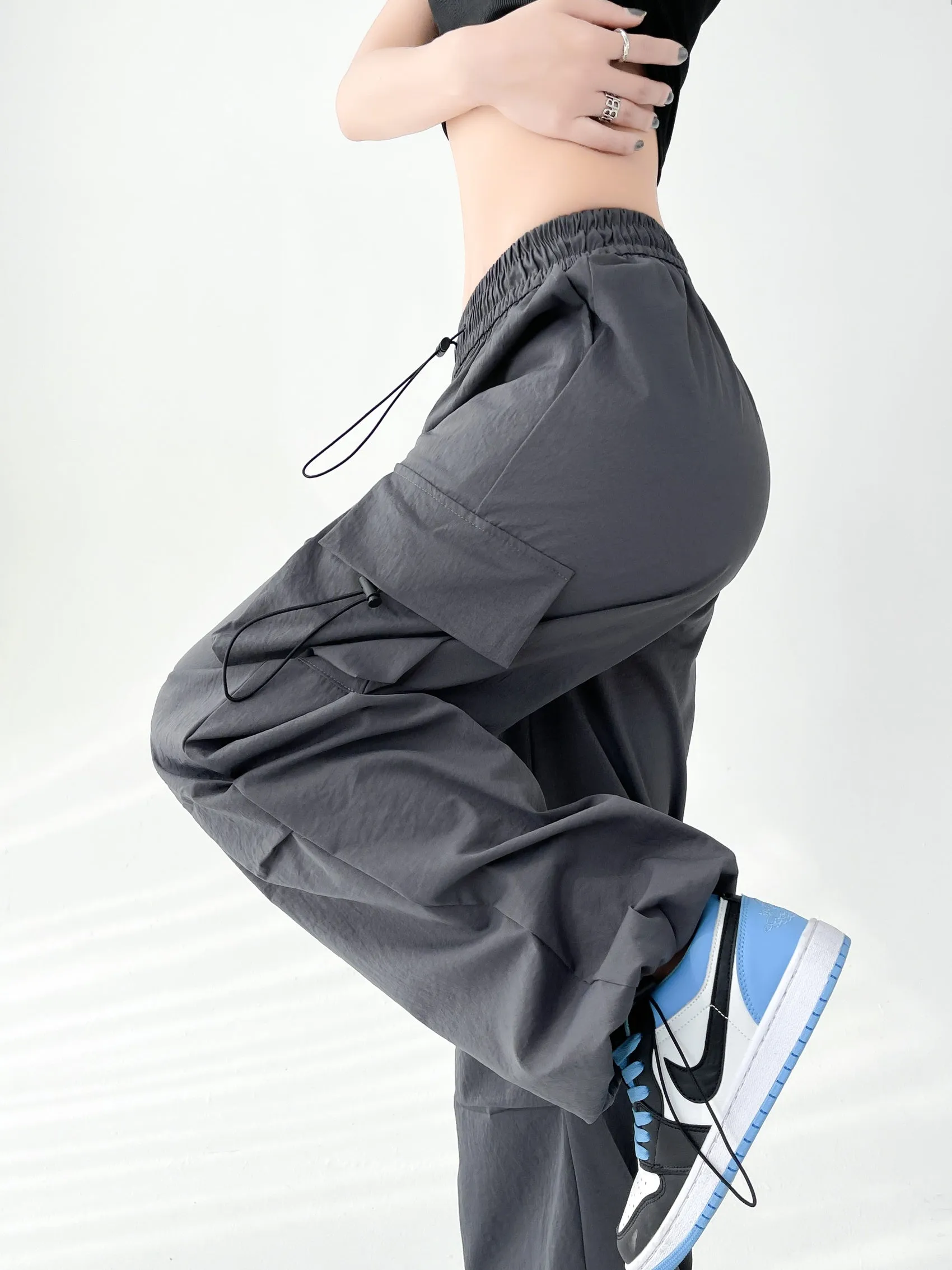 Lightweight and Solid Drawstring Waist Cargo Pants for Women