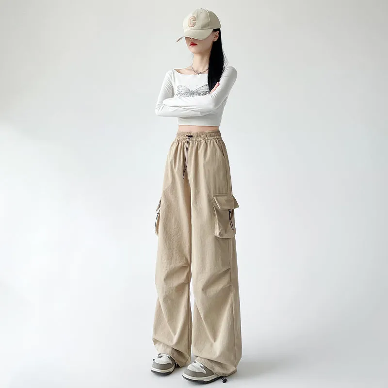 Lightweight and Solid Drawstring Waist Cargo Pants for Women