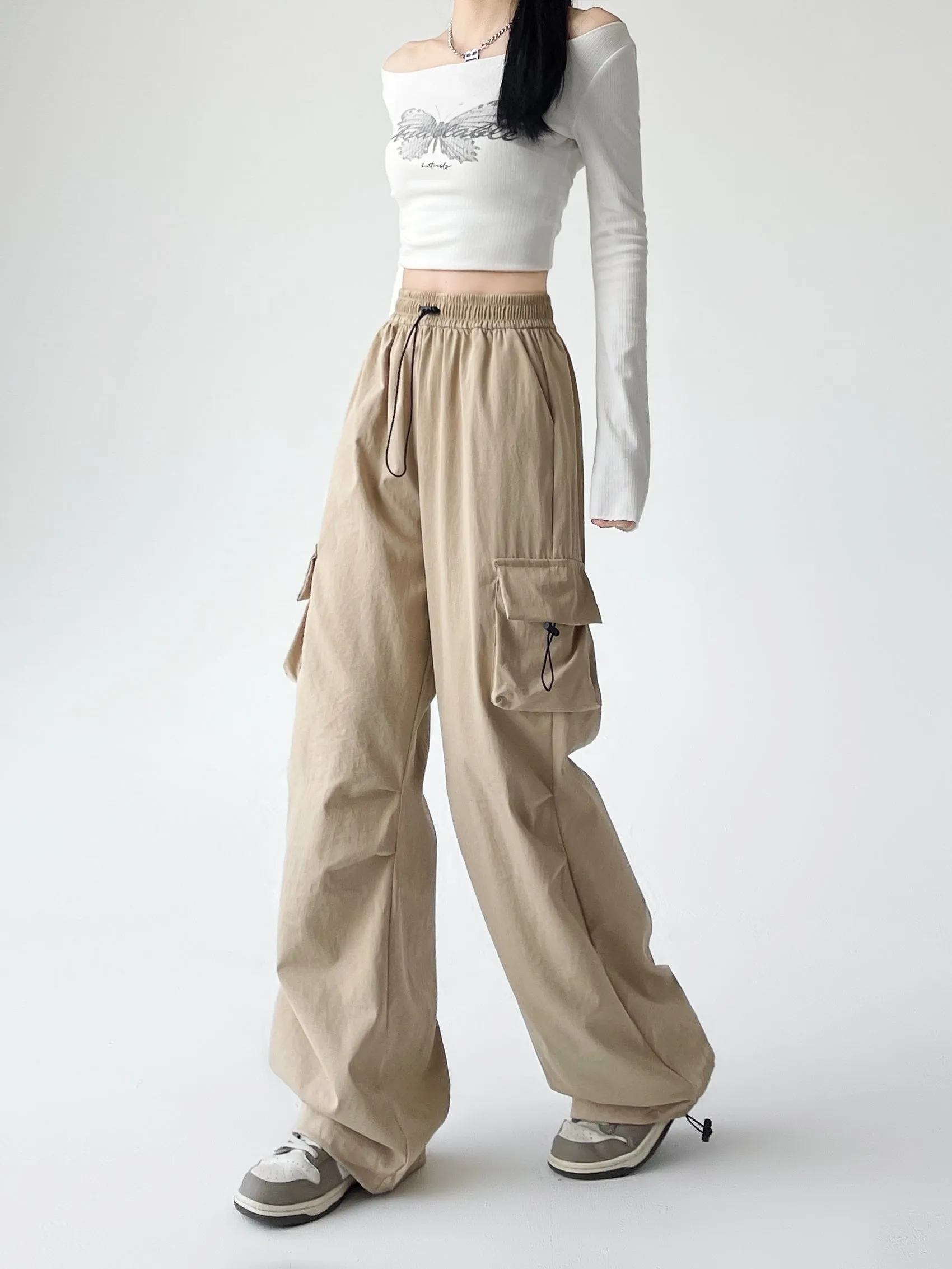 Lightweight and Solid Drawstring Waist Cargo Pants for Women