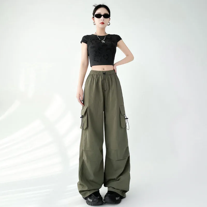 Lightweight and Solid Drawstring Waist Cargo Pants for Women