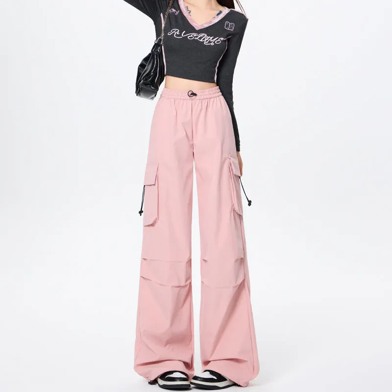 Lightweight and Solid Drawstring Waist Cargo Pants for Women