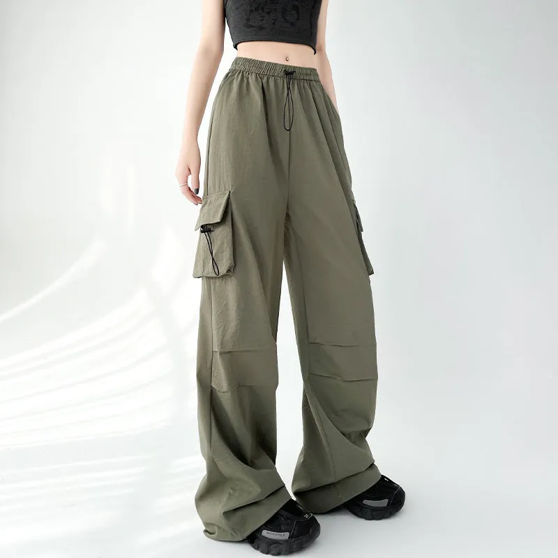 Lightweight and Solid Drawstring Waist Cargo Pants for Women