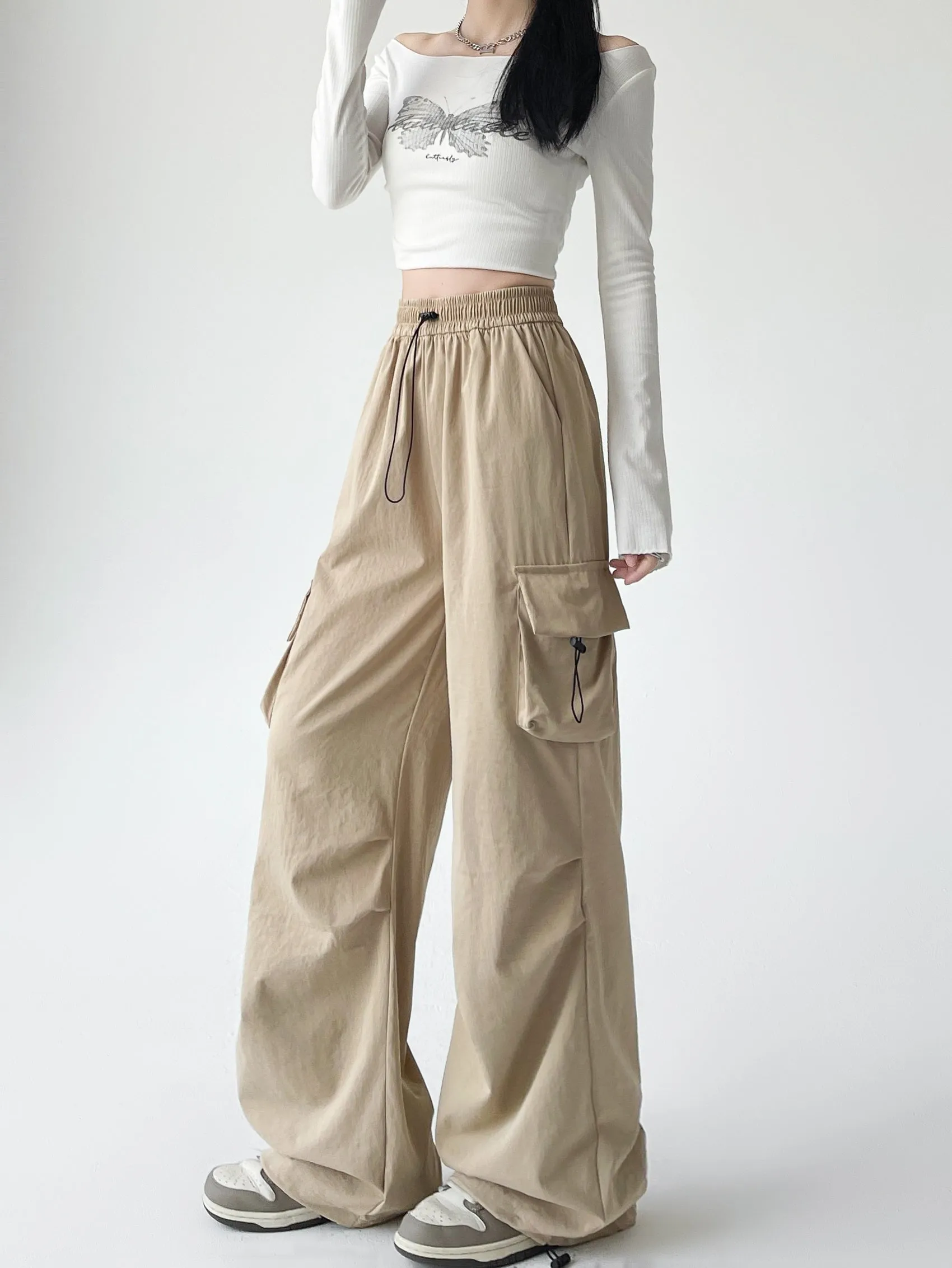Lightweight and Solid Drawstring Waist Cargo Pants for Women