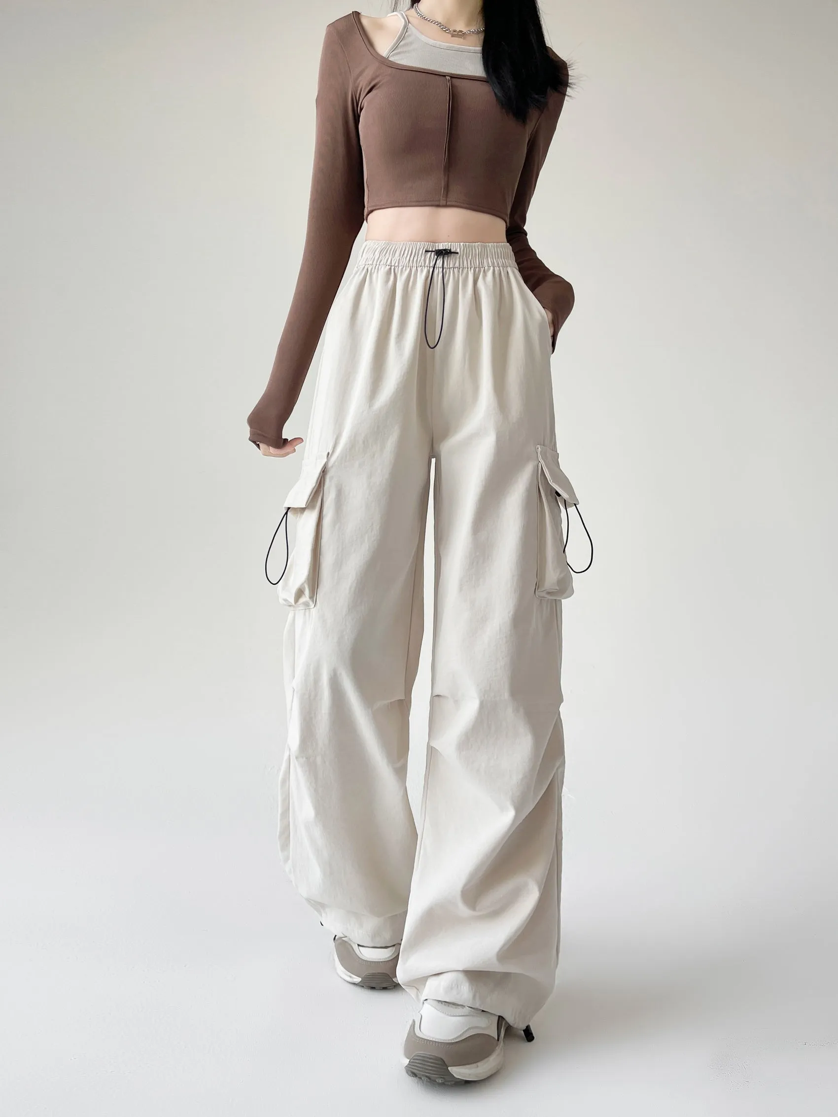 Lightweight and Solid Drawstring Waist Cargo Pants for Women