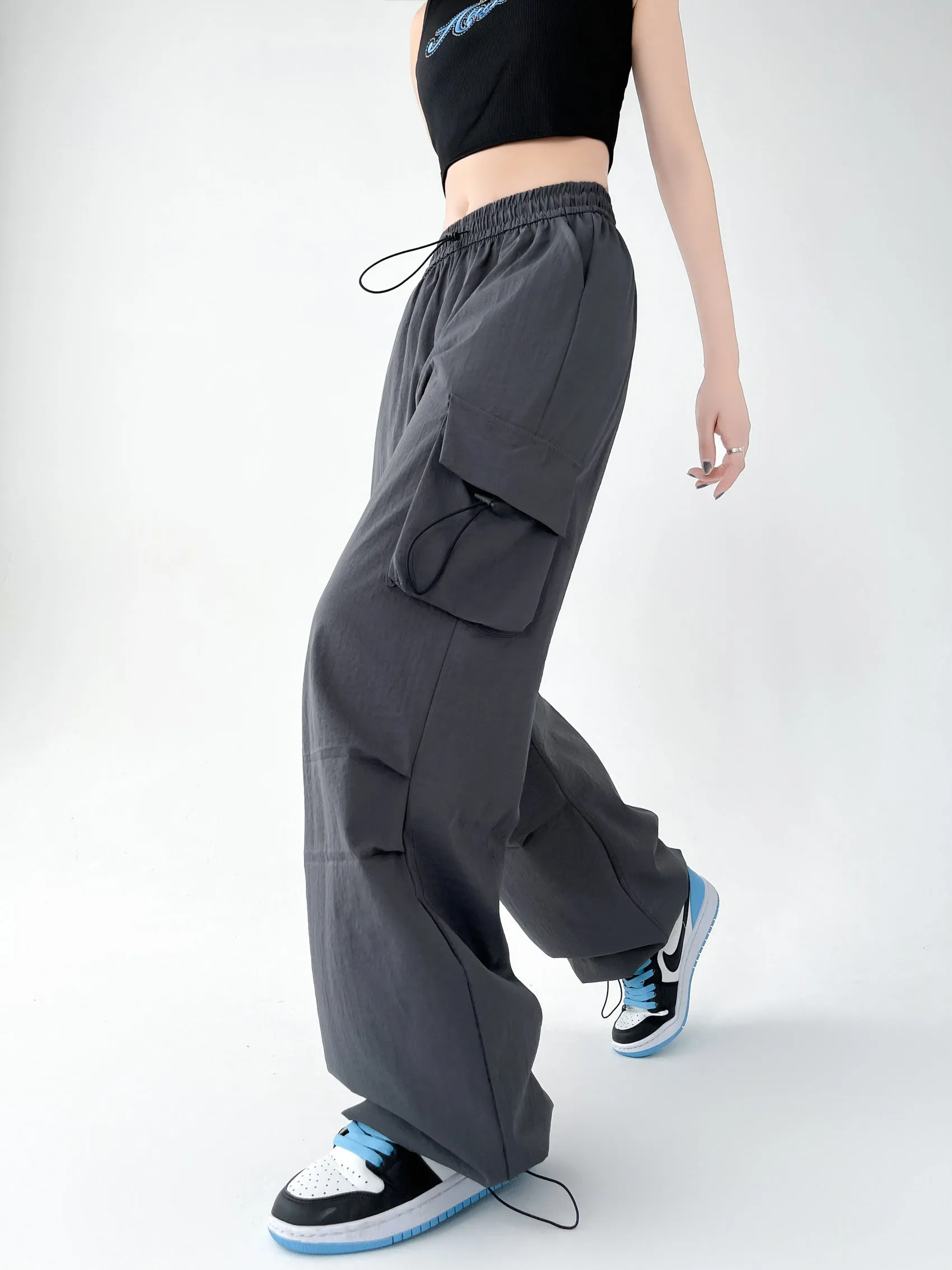 Lightweight and Solid Drawstring Waist Cargo Pants for Women