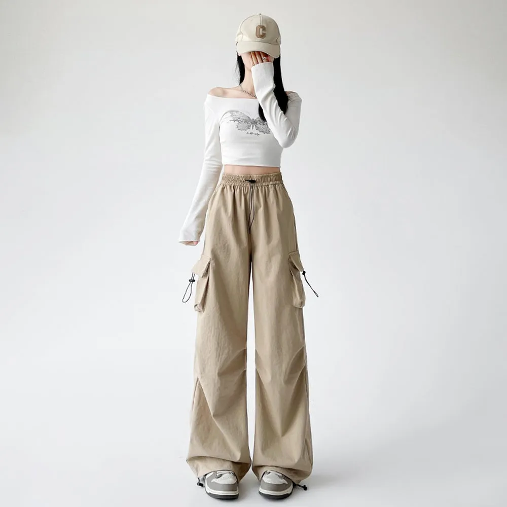 Lightweight and Solid Drawstring Waist Cargo Pants for Women