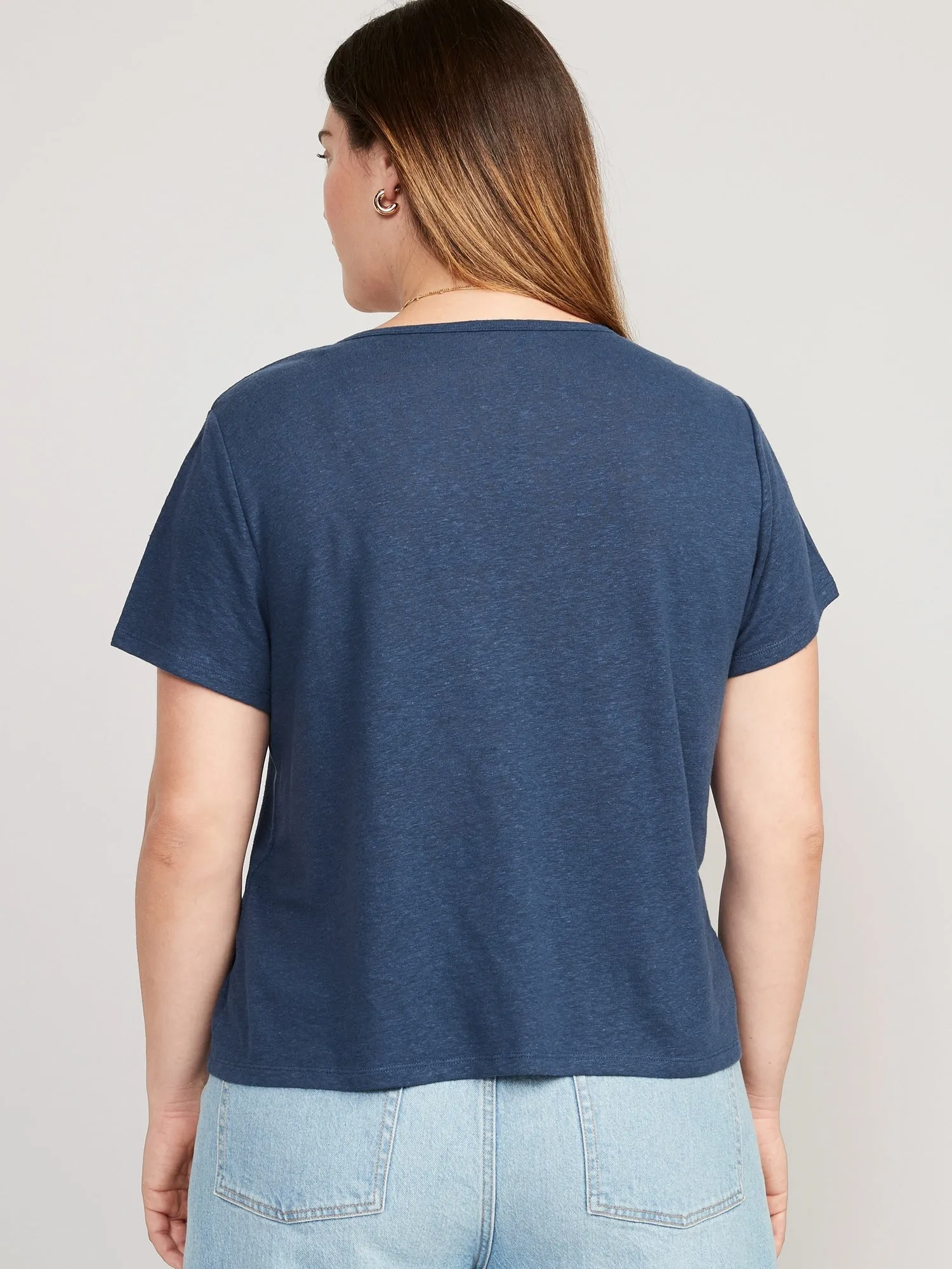 Linen-Blend V-Neck Henley T-Shirt for Women
