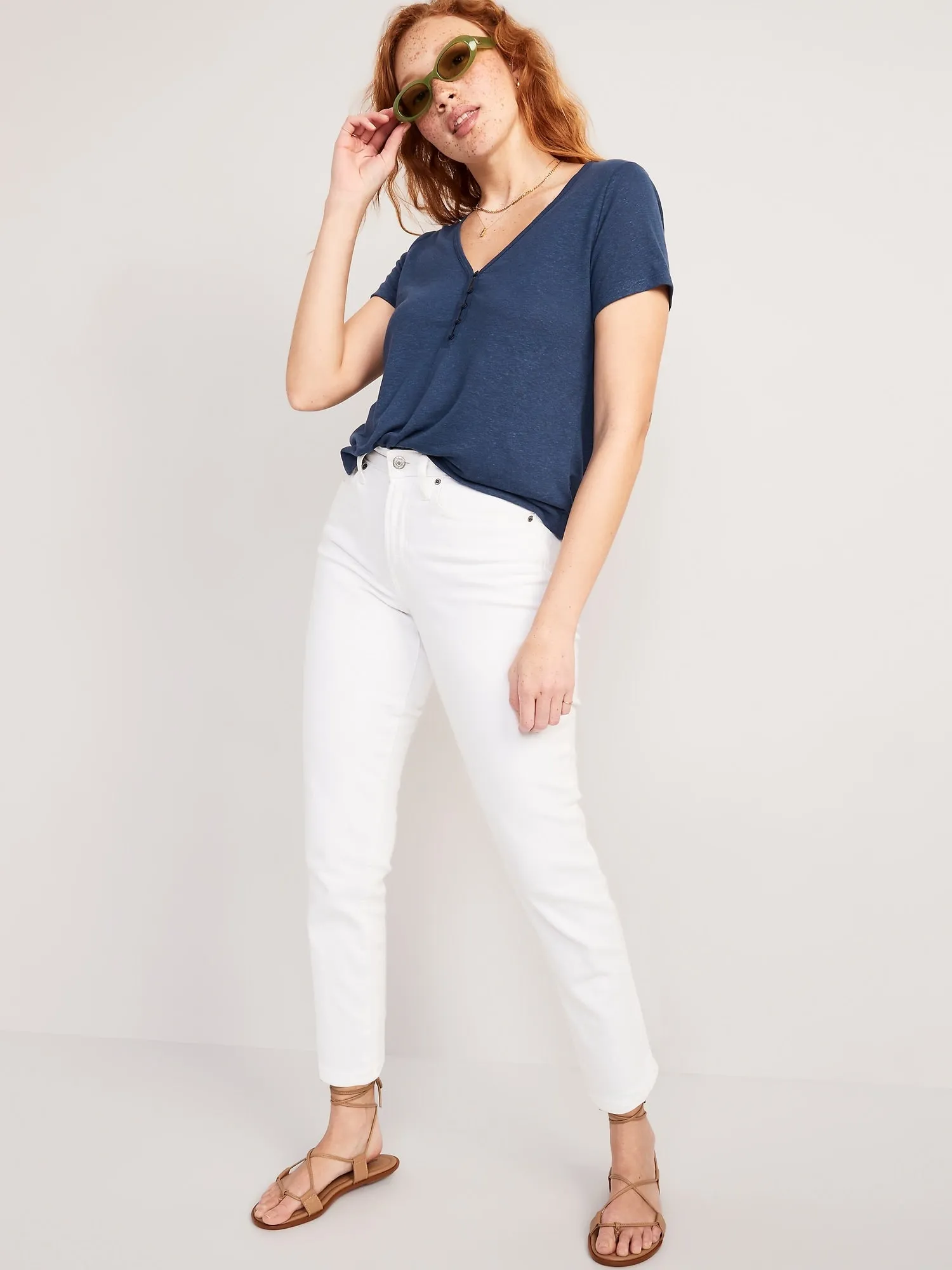 Linen-Blend V-Neck Henley T-Shirt for Women