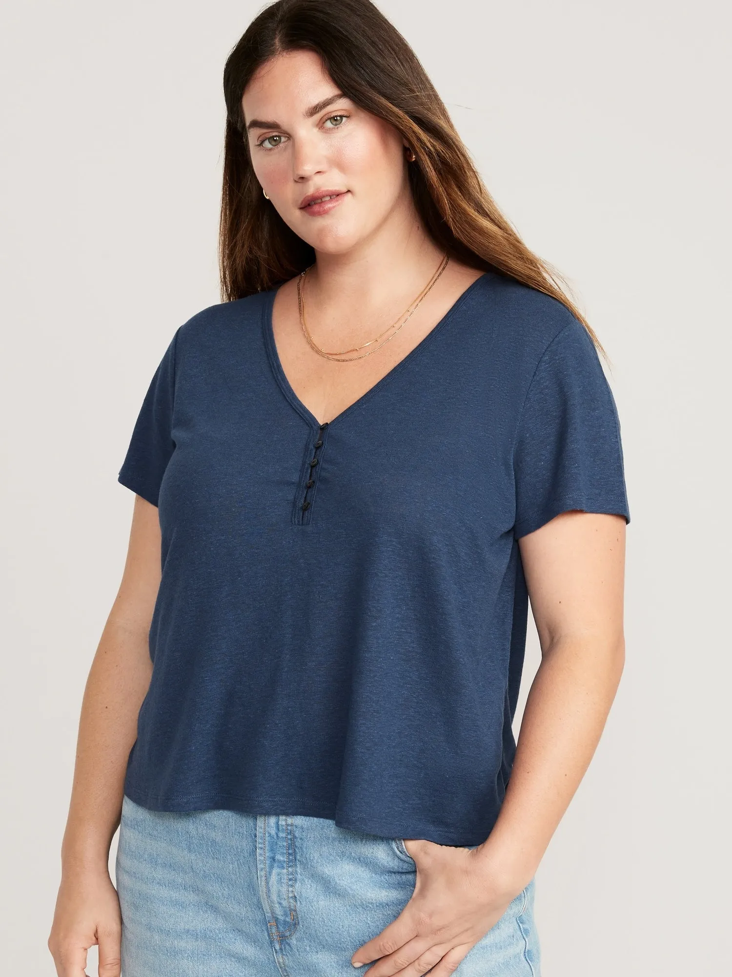 Linen-Blend V-Neck Henley T-Shirt for Women