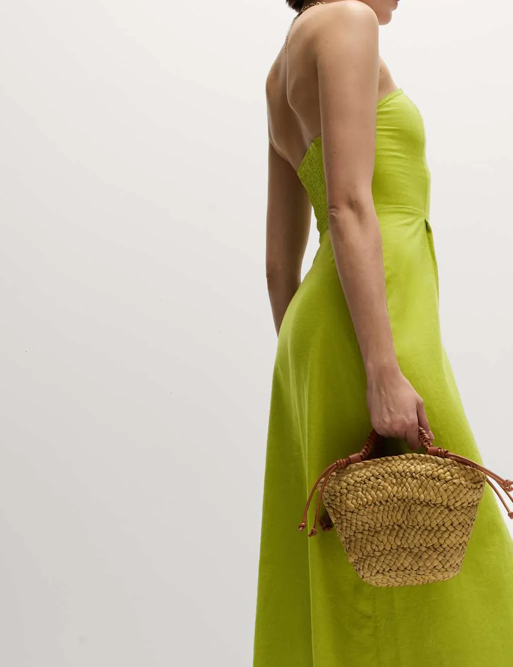 Linen Rich Bandeau Pleat Detail Midaxi Shift Dress