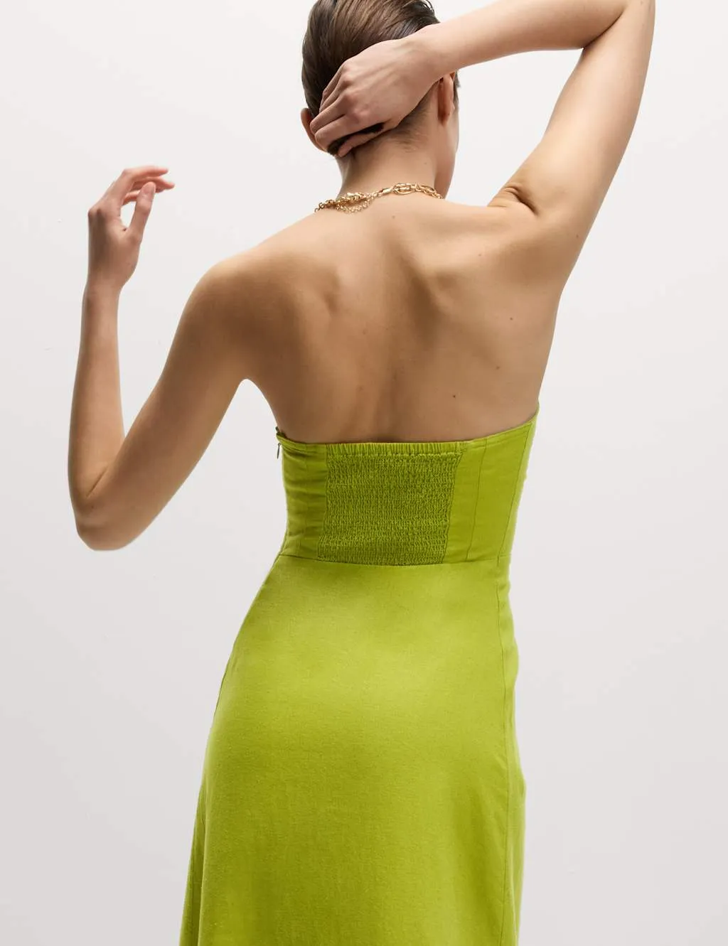 Linen Rich Bandeau Pleat Detail Midaxi Shift Dress