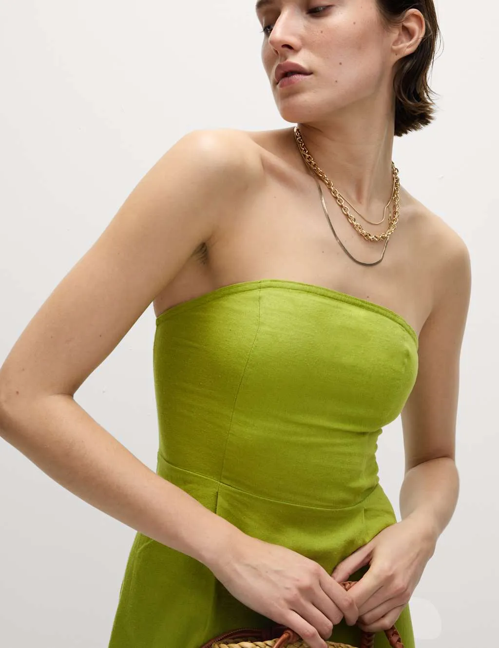 Linen Rich Bandeau Pleat Detail Midaxi Shift Dress
