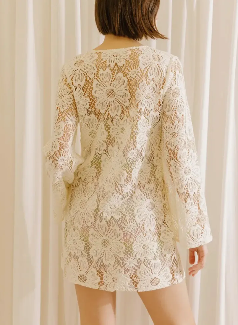 Long Sleeve Daisy Crochet Tie Front Mini Dress