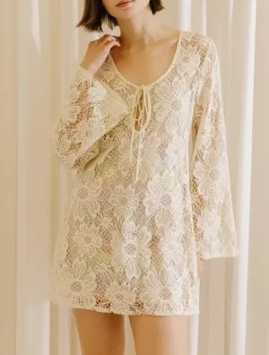 Long Sleeve Daisy Crochet Tie Front Mini Dress