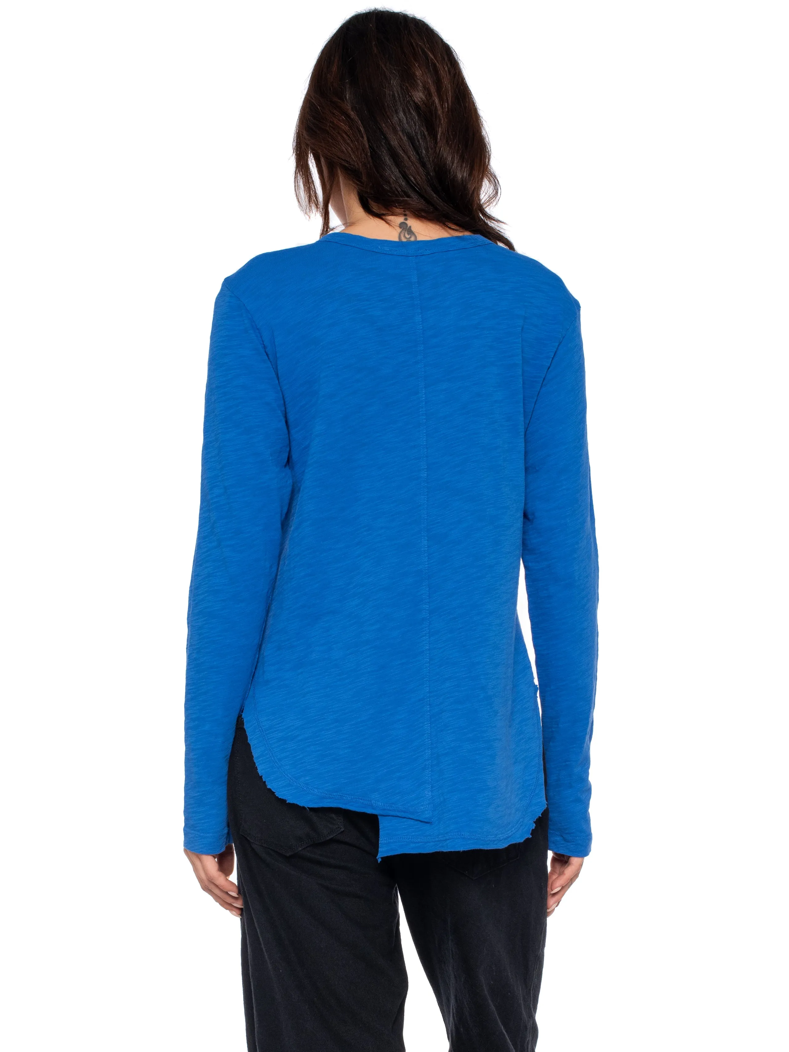 Long Sleeve Shrunken Henley W/ Shifted Hem
