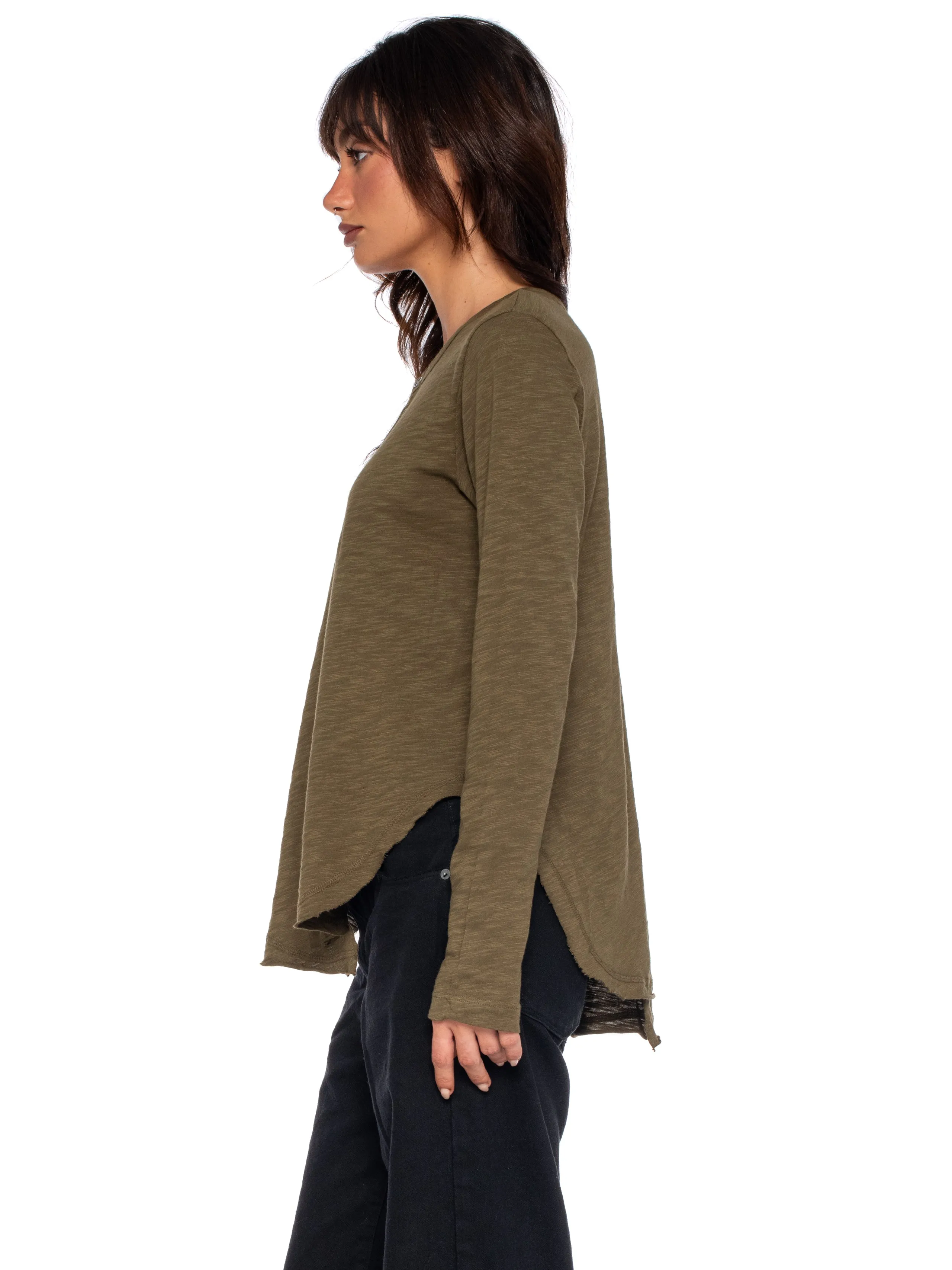 Long Sleeve Shrunken Henley W/ Shifted Hem